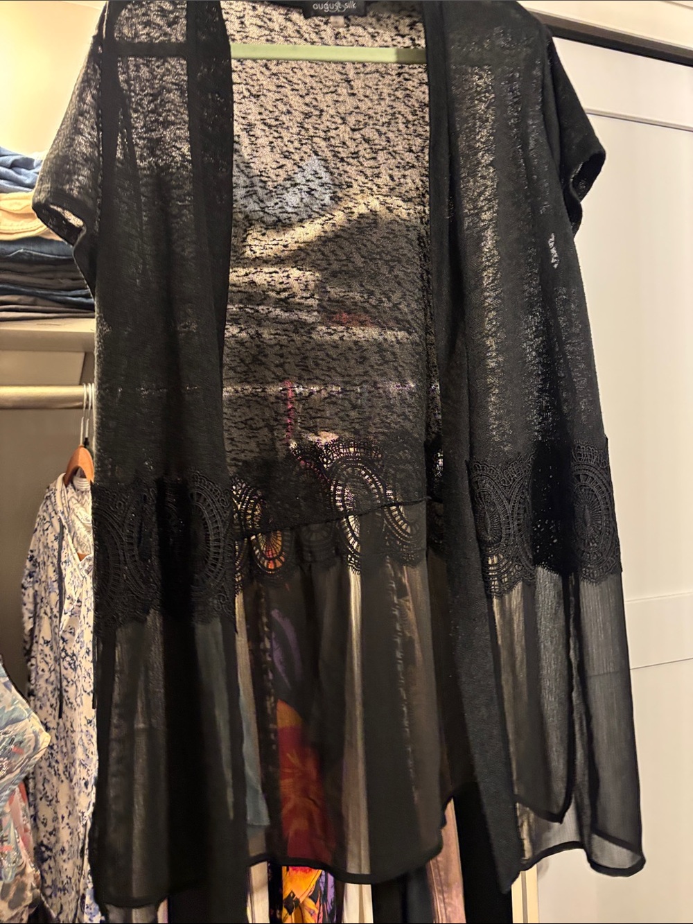 august silk Black Sheer Lace-Trim Open Front Cardigan